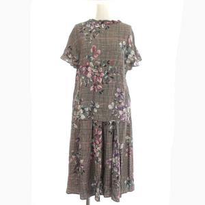 セットアップ ブラウス 半袖 プリーツ スカート チェック 花柄 38 M相当 グレー