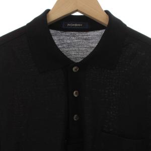 YVES SAINT LAURENT ニットポロシャツ カサンドラロゴ 長袖 ウール M 黒 ブラック