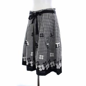 M'S GRACY フレアスカート ひざ丈 ギンガムチェック 花 フラワー 40 L 黒 白 ブラック ホワイト