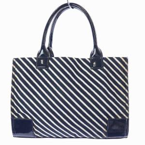 TORY BURCH トートバッグ ハンドバッグ エラストライプ ロゴ ナイロン パテントレザー 紺 ネイビー 白 ホワイト