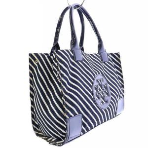 TORY BURCH トートバッグ ハンドバッグ エラストライプ ロゴ ナイロン パテントレザー 紺 ネイビー 白 ホワイト