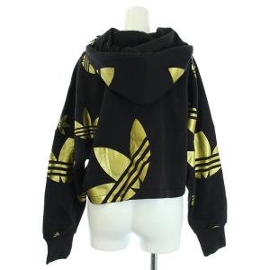 adidas Originals Large Logo Cropped Hoodie パーカー プルオーバー 長袖 総柄 裏起毛 L 黒 ブラック ゴールド