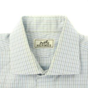 HERMES シャツ スタンダードカラー 長袖 チェック柄 コットン 42 L 水色 ライトブルー