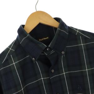 Paul Stuart ネルシャツ ボタンダウン カジュアル 長袖 ワンポイント チェック カシミヤ混 L 紺 ネイビー 緑 グリーン 黒 ブラック