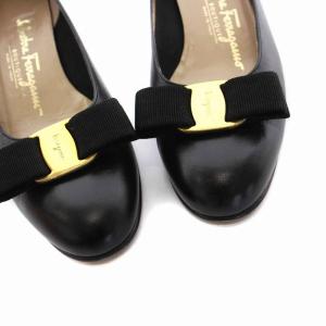 Salvatore Ferragamo BOUTIQUE LILLAZ パンプス ローヒール ヴァラ リボン レザー 6C 23.5cm 黒 ブラック