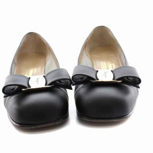 Salvatore Ferragamo LICEO パンプス ヒール スクエアトゥ ヴァラ リボン 6.5C 24cm マット ブラック 黒