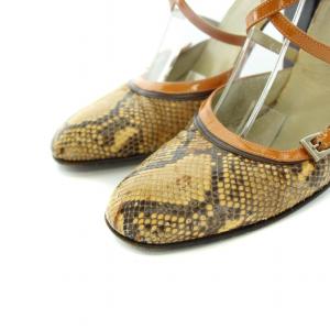 PRADA パンプス アーモンドトゥ チャンキーヒール アンクルストラップ パイソン柄 レザー 36 23.0cm 茶 ブラウン