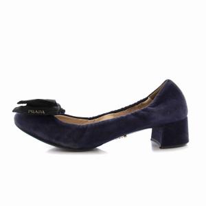 PRADA パンプス チャンキーヒール リボン スエード 36.5 23.5cm 紺 ネイビー