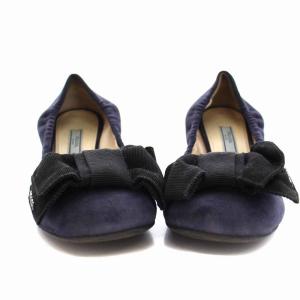 PRADA パンプス チャンキーヒール リボン スエード 36.5 23.5cm 紺 ネイビー