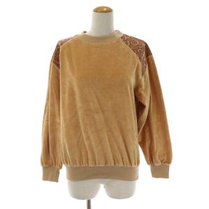 ヴィンテージ カットソー クルーネック プルオーバー 長袖 柄 ベロア M ベージュ 茶色 ブラウン GY06