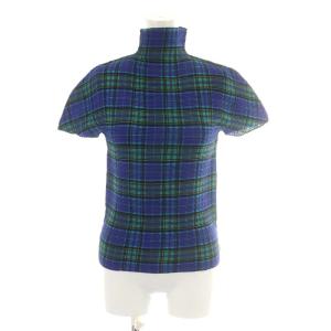 カットソー ハイネック チェック柄 半袖 青 ブルー 緑 グリーン