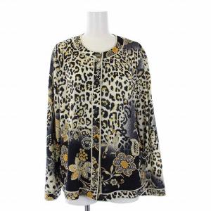 FASHION レオパード 花柄 カーディガン 長袖 クルーネック シルク混 LL 大きいサイズ 黒 ブラック マルチカラー