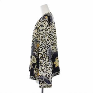 LEONARD FASHION レオパード 花柄 カーディガン 長袖 クルーネック シルク混 LL 大きいサイズ 黒 ブラック マルチカラー