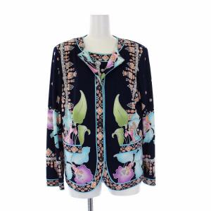 FASHION アンサンブル ノーカラージャケット カットソー 総柄 花柄 宝石 L ネイビー