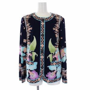 LEONARD FASHION アンサンブル ノーカラージャケット カットソー 総柄 花柄 宝石 L ネイビー