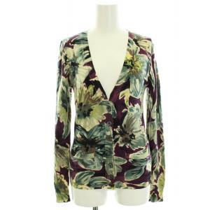 ニットカーディガン ボレロ ウール 花柄 フラワープリント 長袖 薄手 Vネック 38 M 紫 パープル 緑 グリーン 黄色