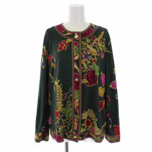 FASHION カーディガン 長袖 ノーカラー 宝石柄 フラワーモチーフボタン ウール シルク XL 緑 グリーン