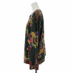 LEONARD FASHION カーディガン 長袖 ノーカラー 宝石柄 フラワーモチーフボタン ウール シルク XL 緑 グリーン