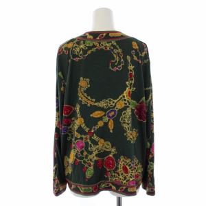 LEONARD FASHION カーディガン 長袖 ノーカラー 宝石柄 フラワーモチーフボタン ウール シルク XL 緑 グリーン