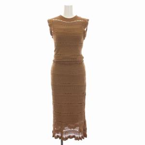 18SS ニット ワンピース ロング ノースリーブ かぎ編み 透かし編み インナー付き 36 S 茶 ブラウン