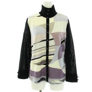 fashion ニットカーディガン ボレロ ウール 絹 シルク混 ハイネック 総柄 切替 長袖 大きいサイズ LL 黒 ブラック