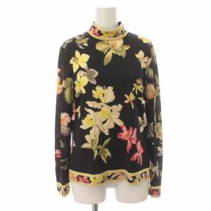 ファッション FASHION カットソー ニット ハイネック プルオーバー ウール 花柄 長袖 L 黒 ブラック マルチカラー