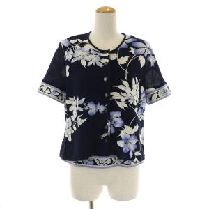 FASHION アンサンブル ニット カーディガン 半袖 ノースリーブ 花柄 L 紺 青