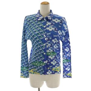 イッセイミヤケ シャツ ブラウス 長袖 プリーツ 花 飛行機 総柄 3 L ブルー GY09