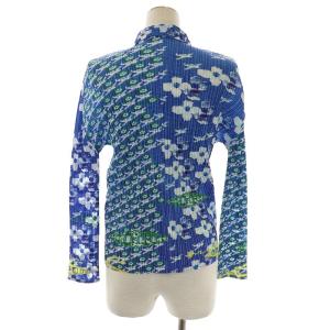 PLEATS PLEASE ISSEY MIYAKE イッセイミヤケ シャツ ブラウス 長袖 プリーツ 花 飛行機 総柄 3 L ブルー GY09