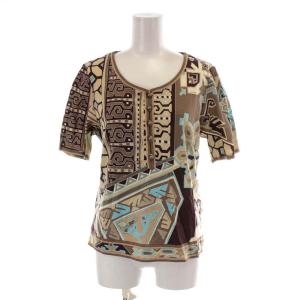 FASHION カットソー 半袖 プリント 総柄 コットン LL 水色 ライトブルー 茶 ブラウン