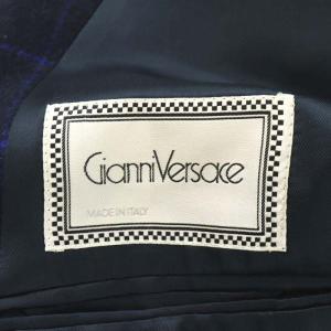 GIANNI VERSACE テーラードジャケット ダブル チェック柄 カシミヤ混 アルパカ混 50 L 紺 ネイビー