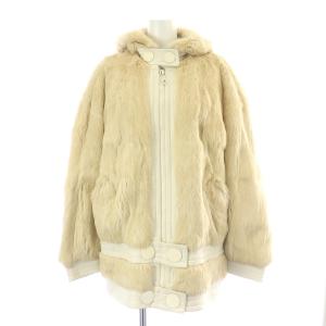 ファーコート ジャケット ブルゾン ショート ラビットファー レザー 絹 シルク フード ジップアップ 2 S ベージュ 白