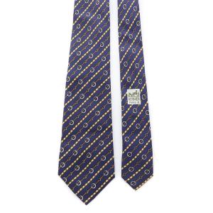 HERMES ネクタイ レギュラータイ チェーン柄 総柄 絹 シルク 紺 ネイビー マルチカラー 7062TA GY09 OH