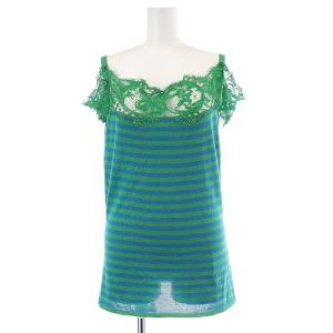 ニットキャミソール カットソー オフショルダー レース ボーダー L 緑 青 グリーン ブルー