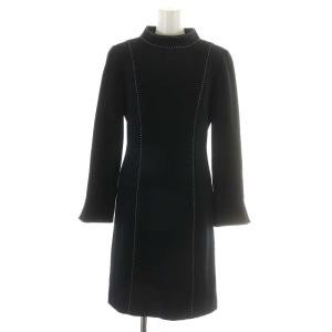 ワンピース 長袖 ひざ丈 ステッチ ウール 38 M 黒 ブラック