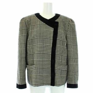 Leilian ヴィンテージ セットアップ 上下 スーツ ノーカラージャケット 肩パット入 スカート 千鳥格子柄 9 M 白 アイボリー 黒