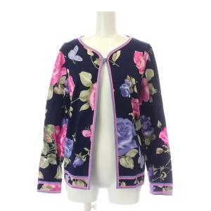 FASHION カーディガン Vネック 長袖 花柄 総柄 L 紺 ネイビー ピンク