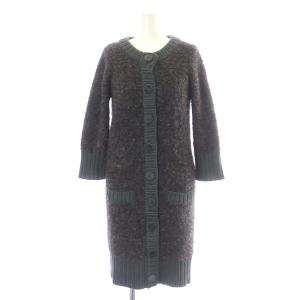 カーディガン ノーカラーコート ニット ロング クルーネック 長袖 ボア 裏地ヒョウ柄 レオパード ウール アルパカ混 絹