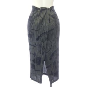 PLEATS PLEASE ISSEY MIYAKE イッセイミヤケ ラップスカート ミモレ タイト 総柄 プリーツ リボンベルト F グレー 黒