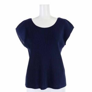 イッセイミヤケ カットソー Uネック プリーツ フレンチスリーブ 3 L 紺 ネイビー