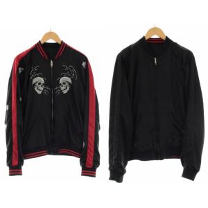 リバーシブル スカジャン ブルゾン ジップアップ スカル ドクロ トラ 刺繍 XL 黒 ブラック 赤 レッド シルバー GY09