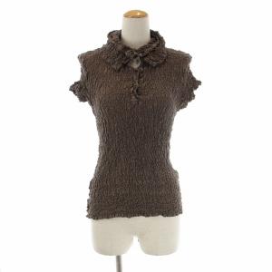 カットソー 半袖 ハーフボタン リボン シワ加工 茶色 ブラウン GY09