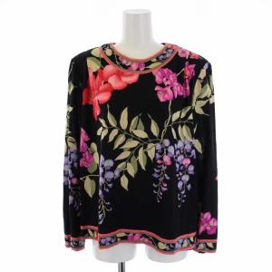 FASHION カットソー 長袖 クルーネック 花柄 ウール シルク XL 黒 ブラック 赤 レッド