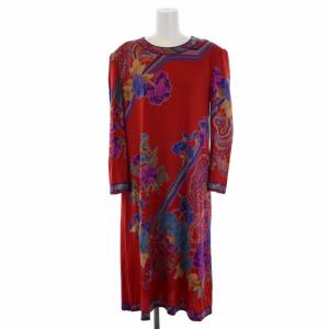 ワンピース ロング 長袖 クルーネック 総柄 ウール シルク L 赤 レッド