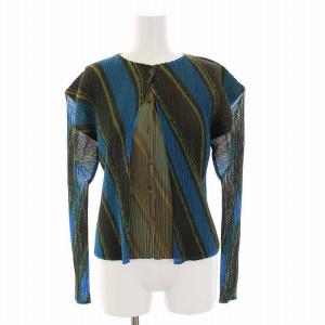 イッセイミヤケ カーディガン シャツ ノーカラー メッシュ 総柄 長袖 4 XL ブルー カーキ