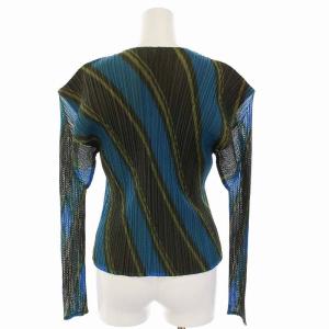 PLEATS PLEASE ISSEY MIYAKE イッセイミヤケ カーディガン シャツ ノーカラー メッシュ 総柄 長袖 4 XL ブルー カーキ