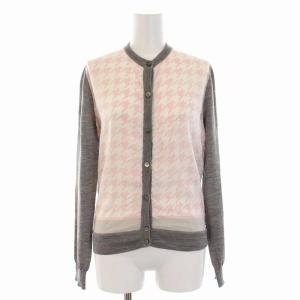 カーディガン ニット 異素材 千鳥格子 クルーネック 長袖 XS グレー ピンク