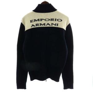 EMPORIO ARMANI ジャケット ニット ジップアップ ロゴ ウール S アイボリー 紺 ネイビー