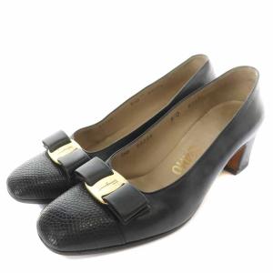 パンプス レザー スクエアトゥ チャンキーヒール リザード型押し 切替 ヴァラ 6.5D 24cm 紺 ネイビー