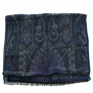 ETRO ストール マフラー ウール混 絹 シルク混 総柄 紺 ネイビー